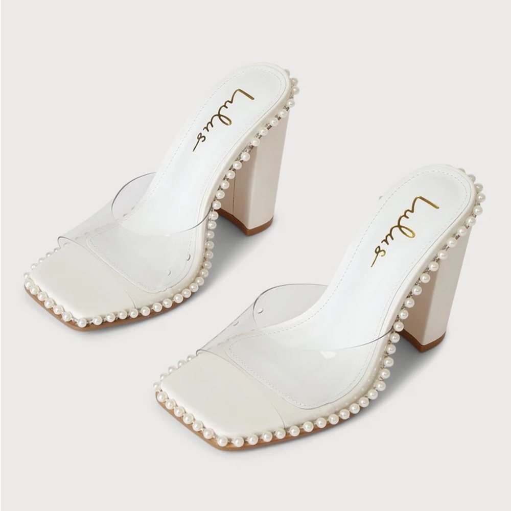 Lulu’s Power Pearl White Studded Vinyl High Heel Sandals